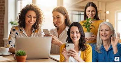 Group of diverse women using laptops and smartphones, representing money making tips for women of all ages – students, moms, professionals and seniors