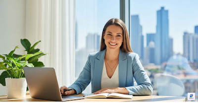 Confident businesswoman working on laptop in modern office, symbolizing financial independence and money making tips for women