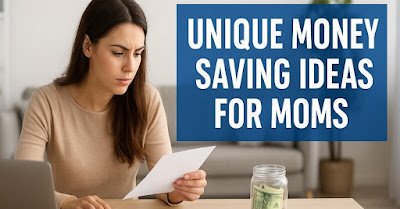 Mom reviewing bills at home with savings jar – Unique money saving ideas for moms.