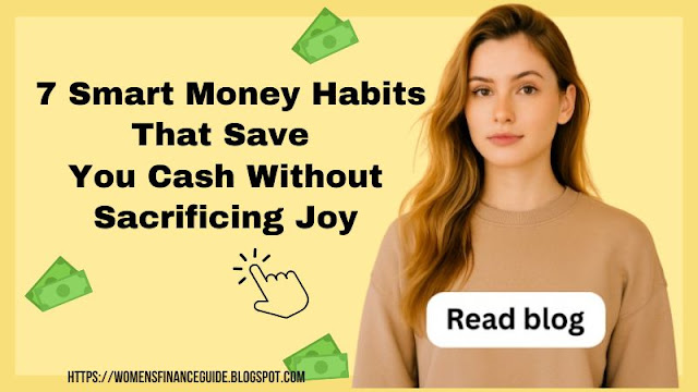 Confident young woman in brown sweater with bold blog title about smart money habits for women