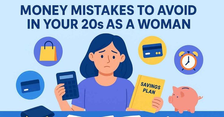 Money mistakes women in their 20s should avoid – young woman stressed about finances with credit cards, shopping bags, calculator, savings plan and piggy bank