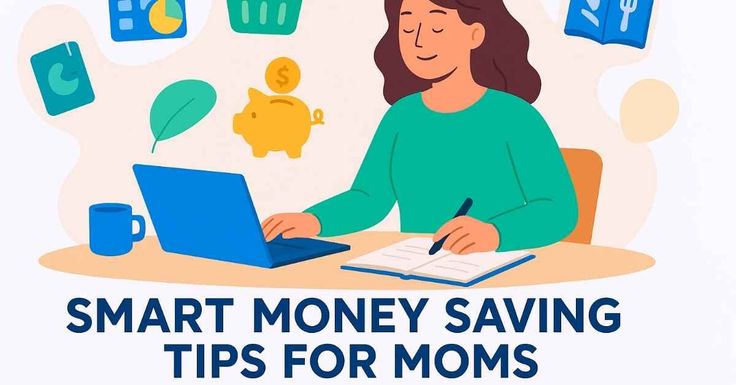 Smart money saving tips for moms – mom budgeting on laptop with piggy bank, calculator and shopping cart icons.
