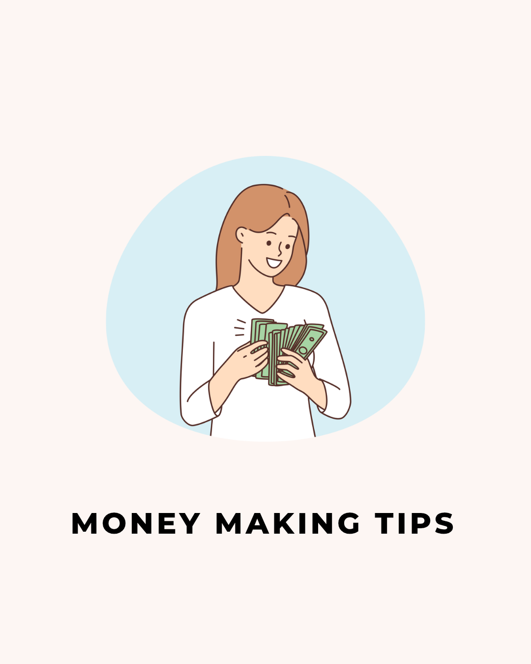 happy woman holding cash representing financial independence and money-making tips.