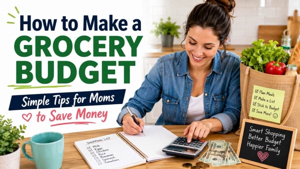 how to make a grocery budget for moms using a shopping list, calculator, and monthly grocery budget planner to save money