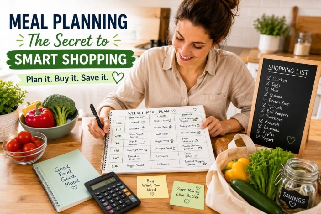 A mother planning weekly meals and learning how to make a grocery budget at her kitchen table.