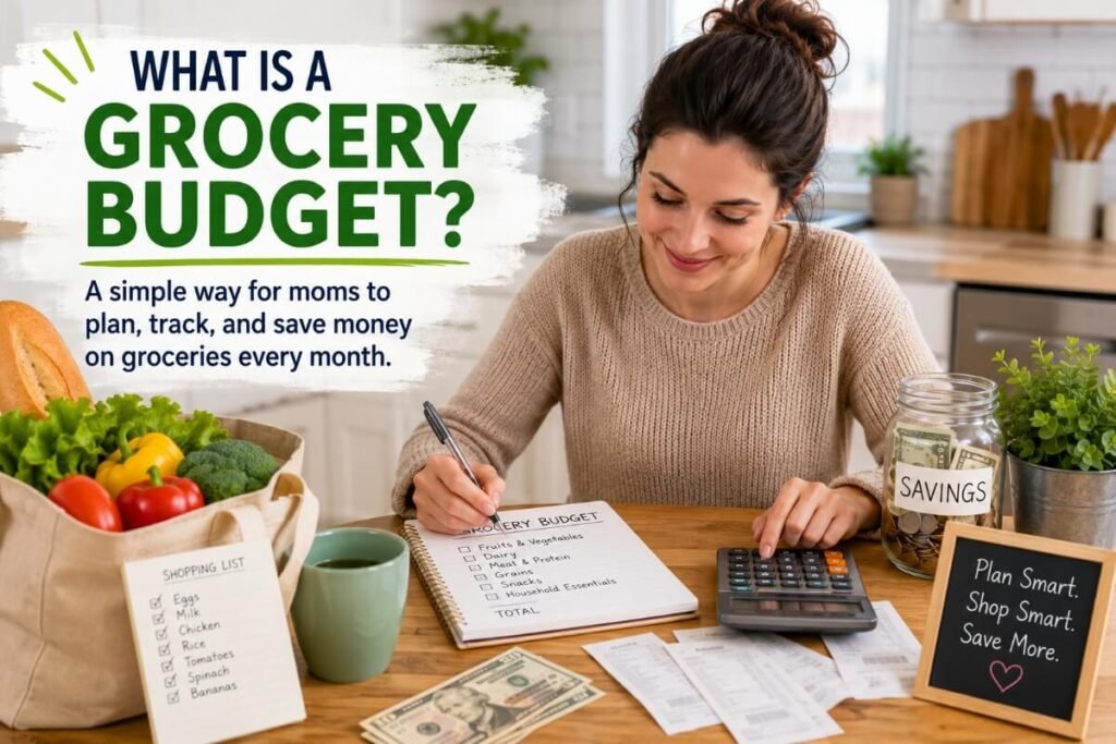 Mom creating a monthly grocery budget using a shopping list and calculator