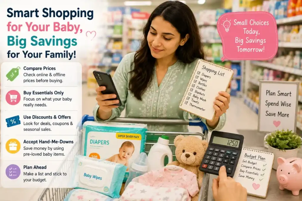 Mom comparing baby product prices and saving money while shopping for newborn essentials