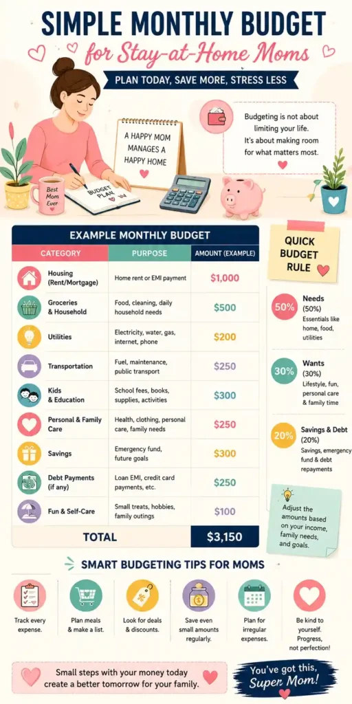 Budgeting for stay-at-home moms with a simple monthly budget breakdown, savings goals, family expenses, and spending categories
