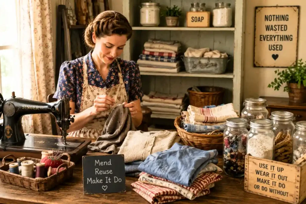 Woman repairing clothes and reusing household items to save money