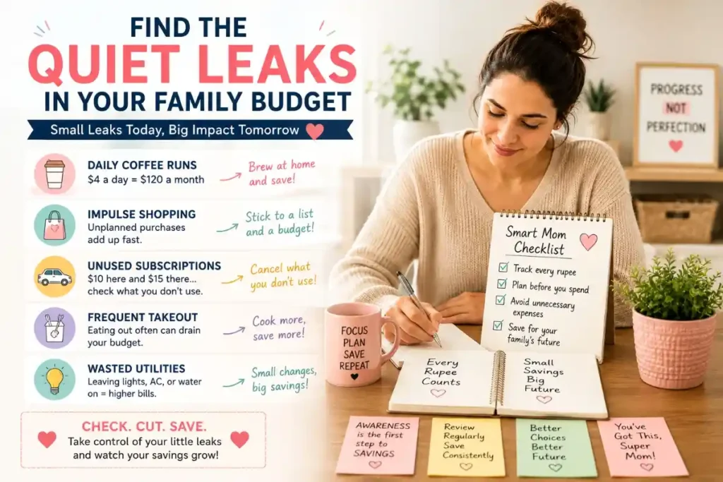 Family budget planning with a mom reviewing everyday expenses and finding ways to reduce unnecessary spending