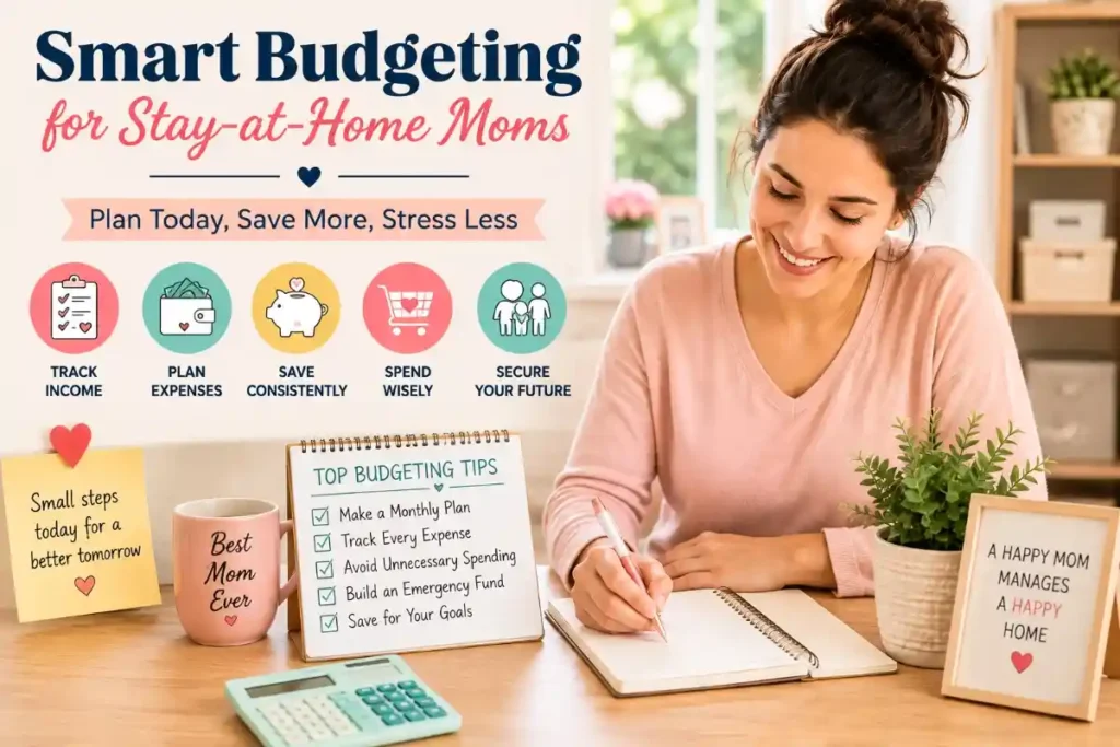 Stay-at-home mom organizing household income, bills, expenses, and savings in a simple budget