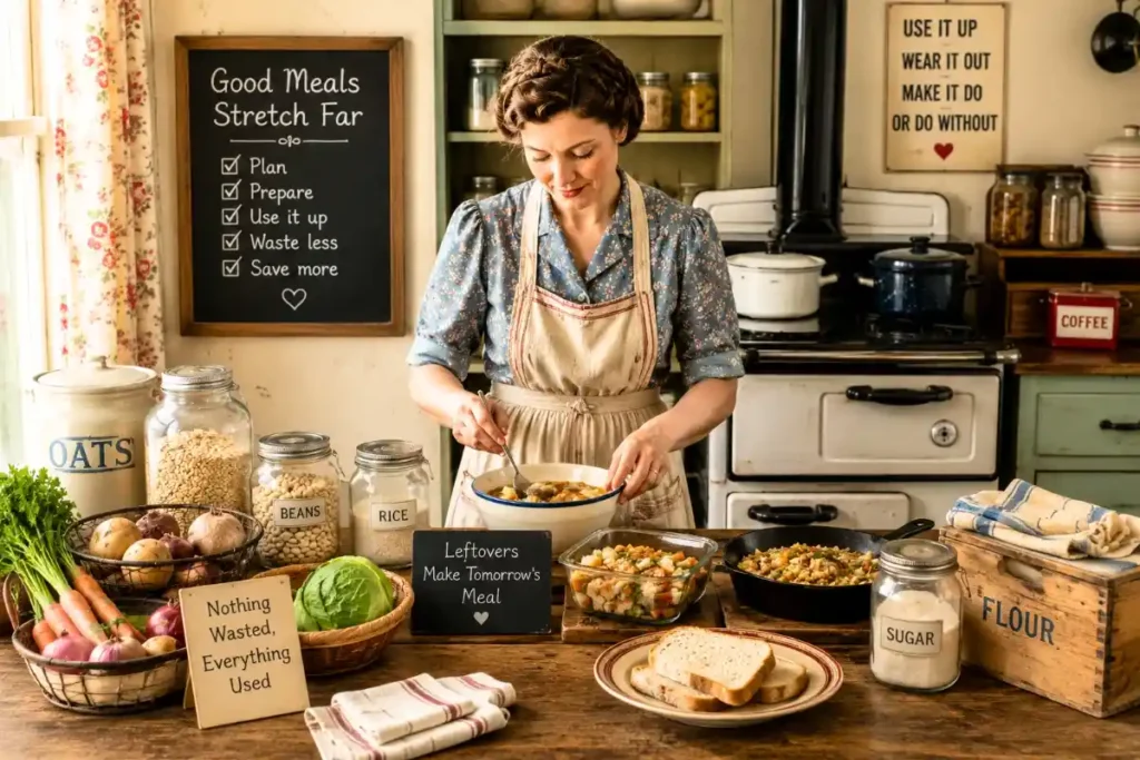 Frugal habits of Depression-era housewives in a simple kitchen