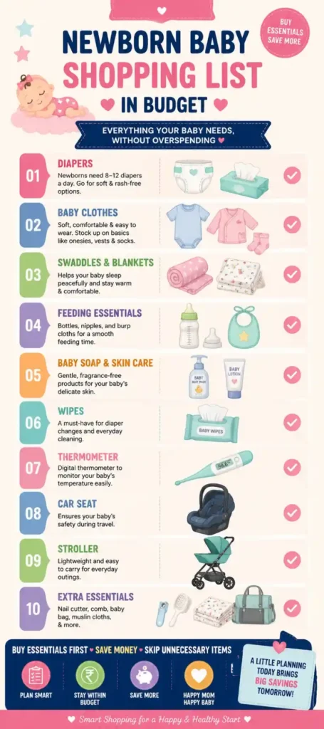 Newborn baby shopping list in budget checklist showing essential baby items for first-time moms