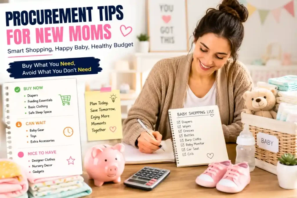 Procurement tips for new moms comparing essential baby items and planning a budget