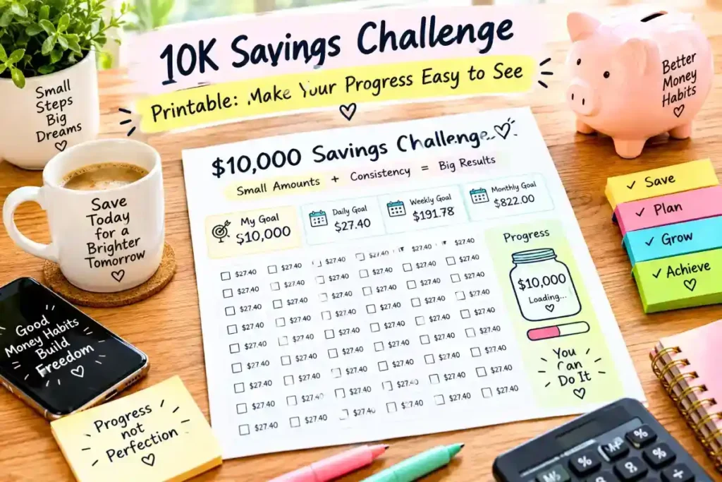 10k savings challenge printable with $27.40 daily goals and a $10,000 savings progress tracker