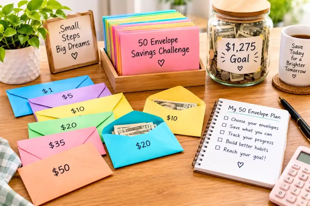 50 envelope savings challenge with numbered envelopes and a $1,275 savings goal