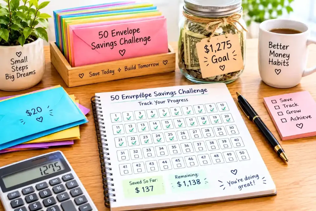 50 envelope savings challenge with numbered envelopes and a $1,275 savings goal