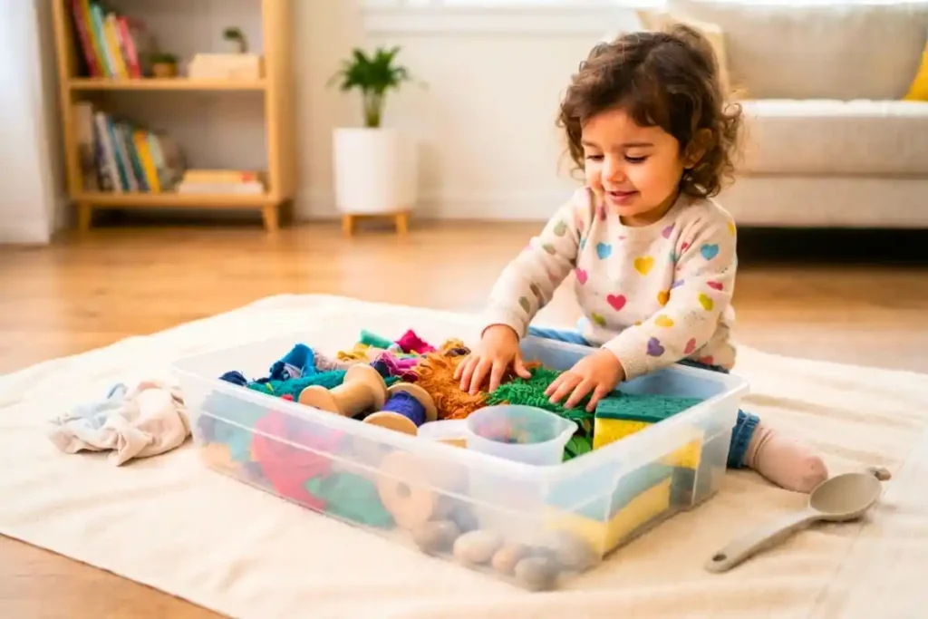 A toddler exploring a safe and clean sensory play bin on a towel in a warm home setting, perfect for budget-friendly parenting.