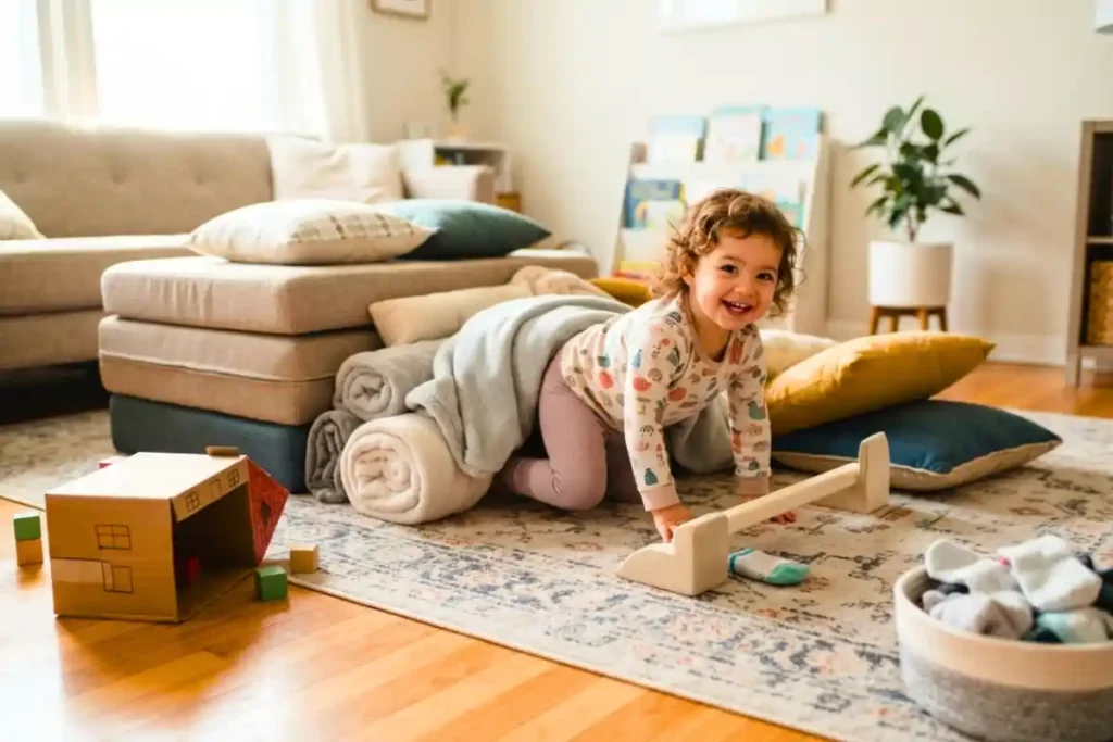 A happy toddler crawling over a safe living room obstacle course made with cushions and blankets, illustrating fun indoor toddler activities.