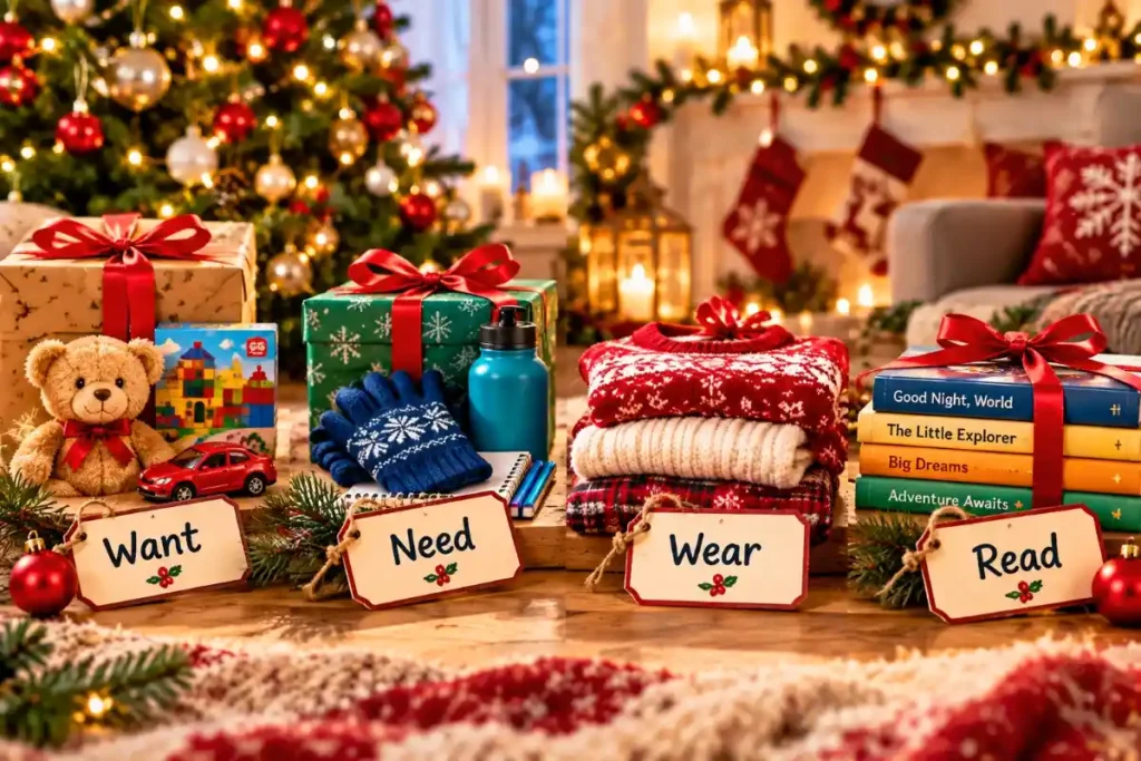 4 gift rule for Christmas with budget-friendly gifts for kids including want, need, wear, and read ideas