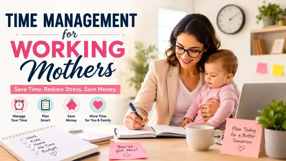 Time management for working mothers with a baby, showing daily planning, time saving, and money management tips
