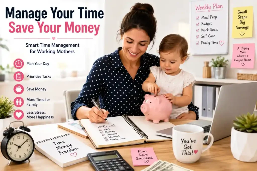 Working mother planning her daily schedule, balancing work, family, and household tasks