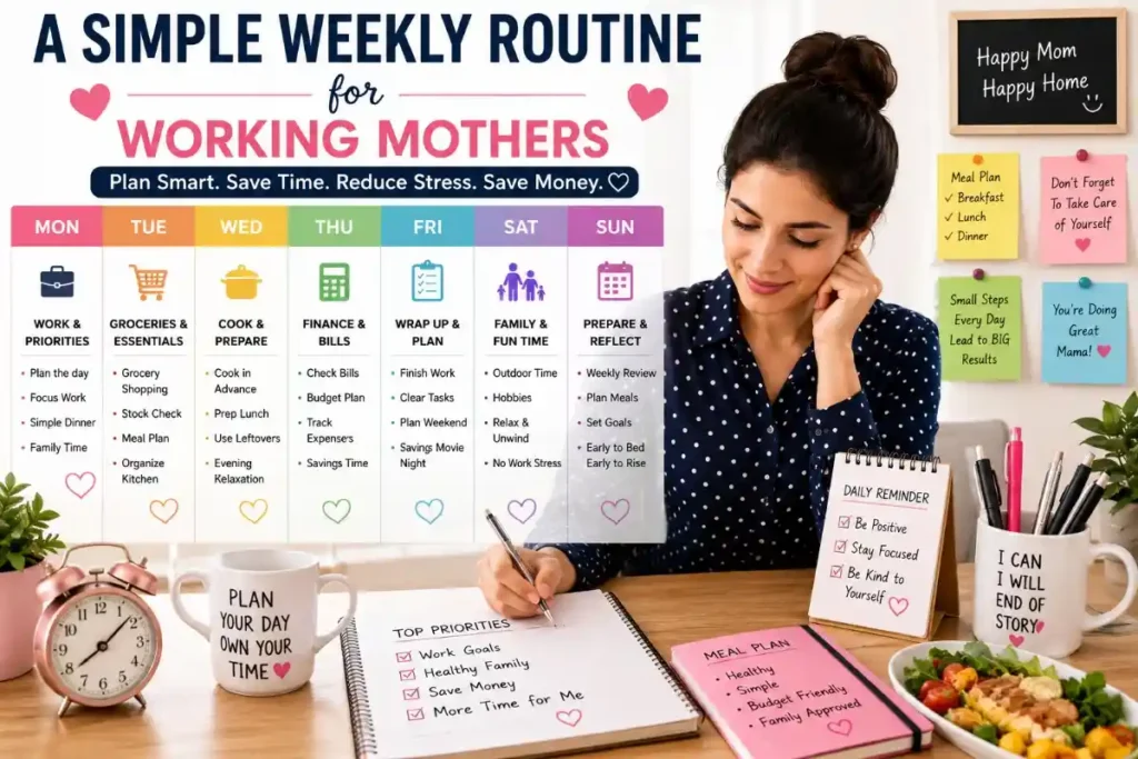 Time management for working mothers with a weekly routine, meal planning, budgeting, and family priorities