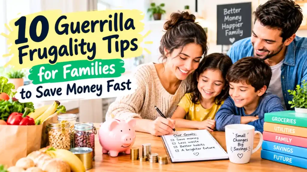 A family planning a budget with a piggy bank and groceries while following guerilla frugality tips for families.