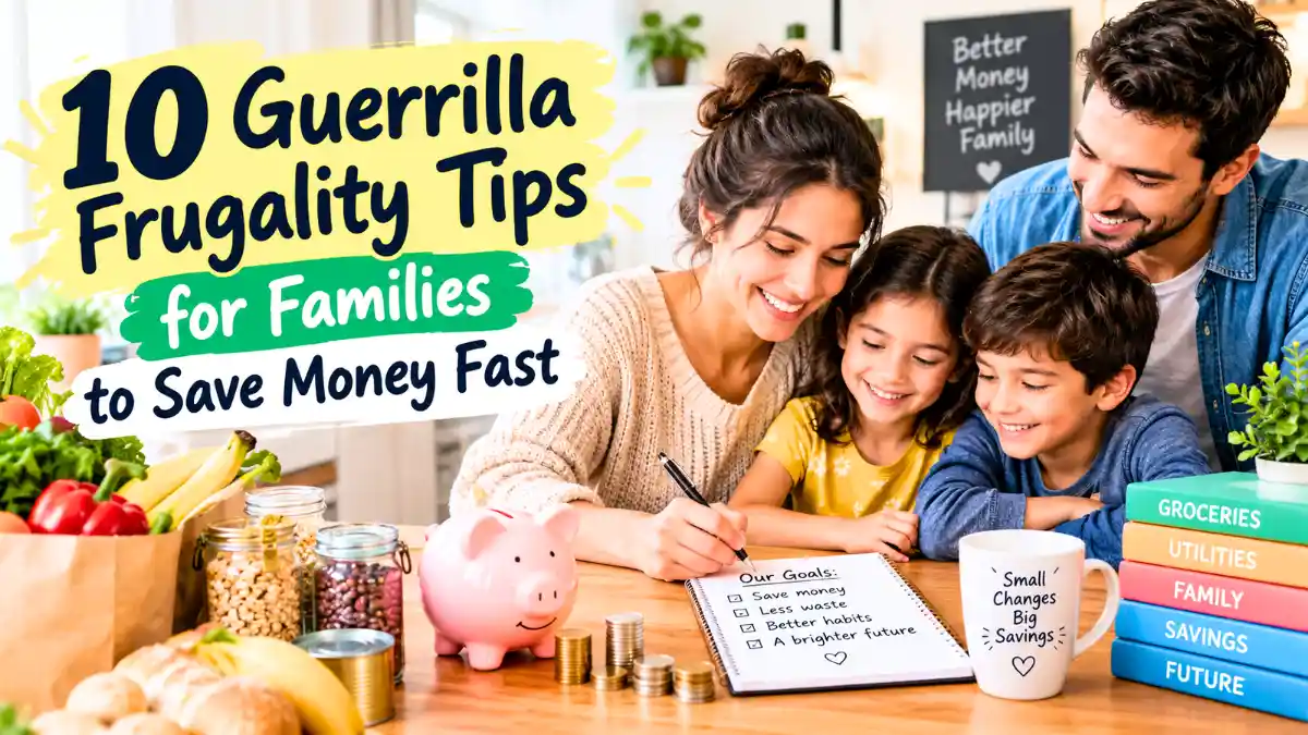 A family planning a budget with a piggy bank and groceries while following guerilla frugality tips for families.