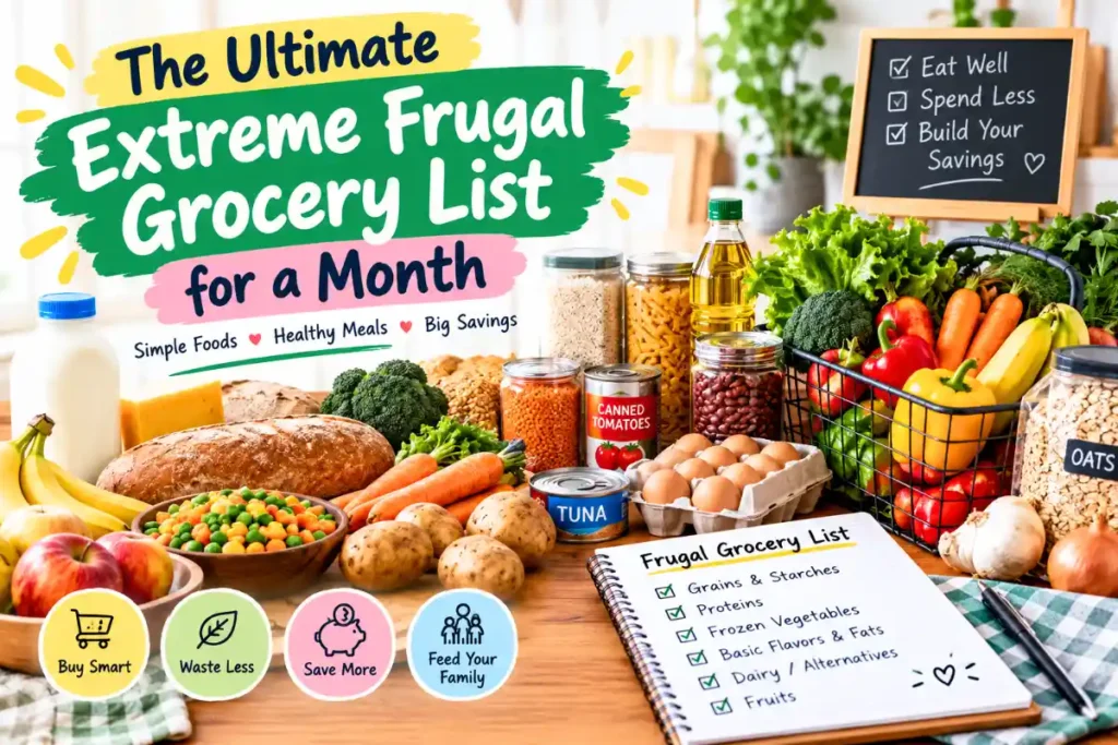 Extreme frugal grocery list illustrating guerilla frugality tips for families with affordable staples, fresh vegetables, fruits, and pantry essentials.