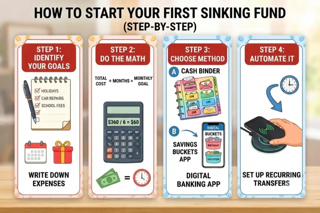 A step-by-step visual guide explaining what are sinking funds in a budget, featuring how to write goals, calculate math, choose cash binders or digital banking apps, and automate transfers.