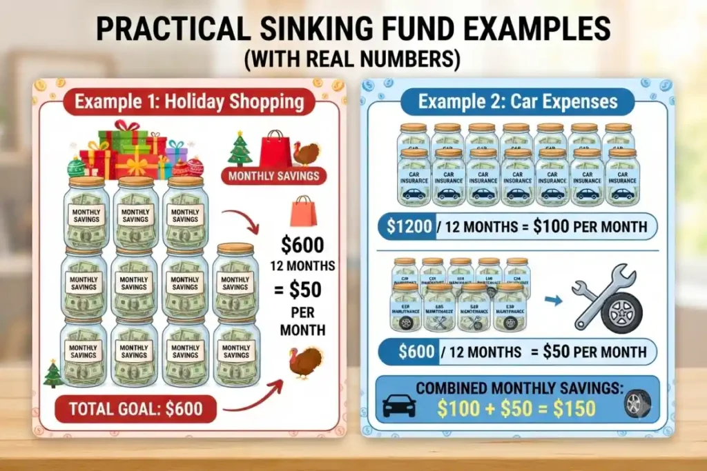 An infographic chart showing practical examples of what are sinking funds in a budget, detailing holiday shopping and car expenses calculation with visual savings jars and monthly costs.