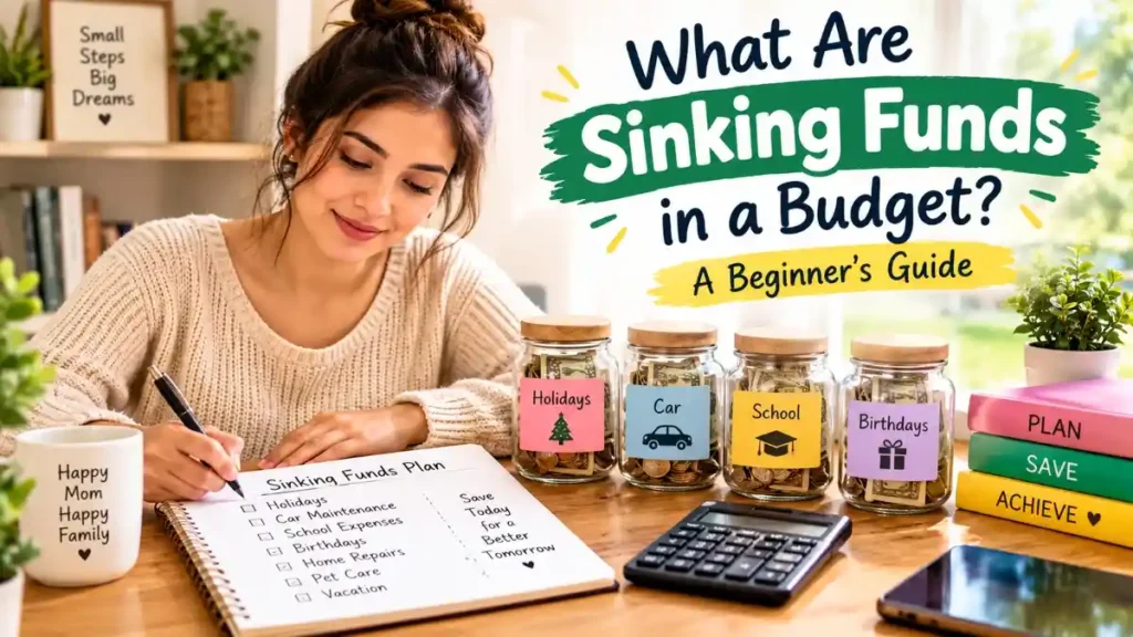 A desk showing a budget notebook, calculator, savings jars, and a mom writing a plan to explain what are sinking funds in a budget
