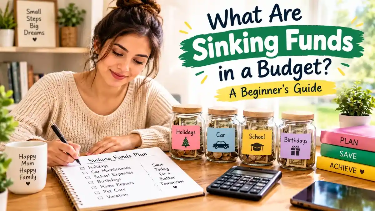 A desk showing a budget notebook, calculator, savings jars, and a mom writing a plan to explain what are sinking funds in a budget